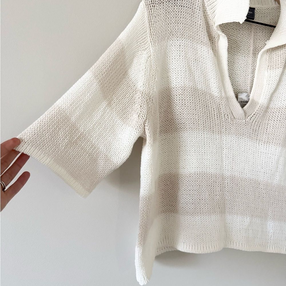 Wooden Ships Loose Knit Short Sleeve V-Neck Sweater in Tan & White Stripe S/M - Picture 3 of 8